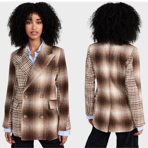 Avec Les Filles SzL Brown Cream Houndstooth Tweed Plaid Blazer
